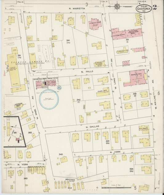 Sanborn Fire Insurance Map from Gastonia, Gaston County, North Carolina (1915), Sheet #0002 - Historic Sanborn Fire Insurance Map Print, vintage old map wall art, antique decor, genealogy gift, North Carolina North Carolina map