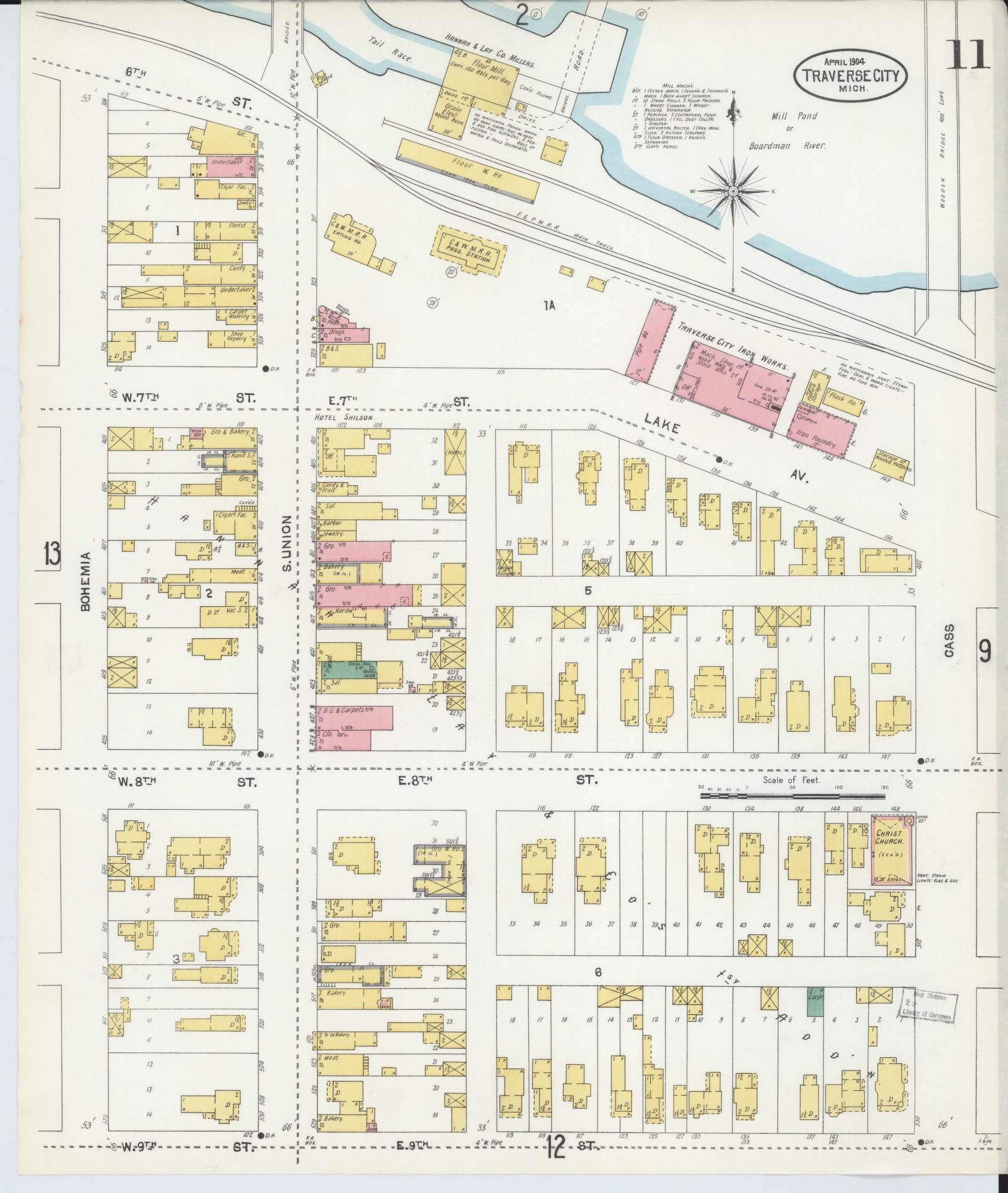 Sanborn Fire Insurance Map from Traverse City, Grand Traverse County, Michigan (1904), Sheet #0011 - Historic Sanborn Fire Insurance Map Print, vintage old map wall art, antique decor, genealogy gift, Michigan Michigan map