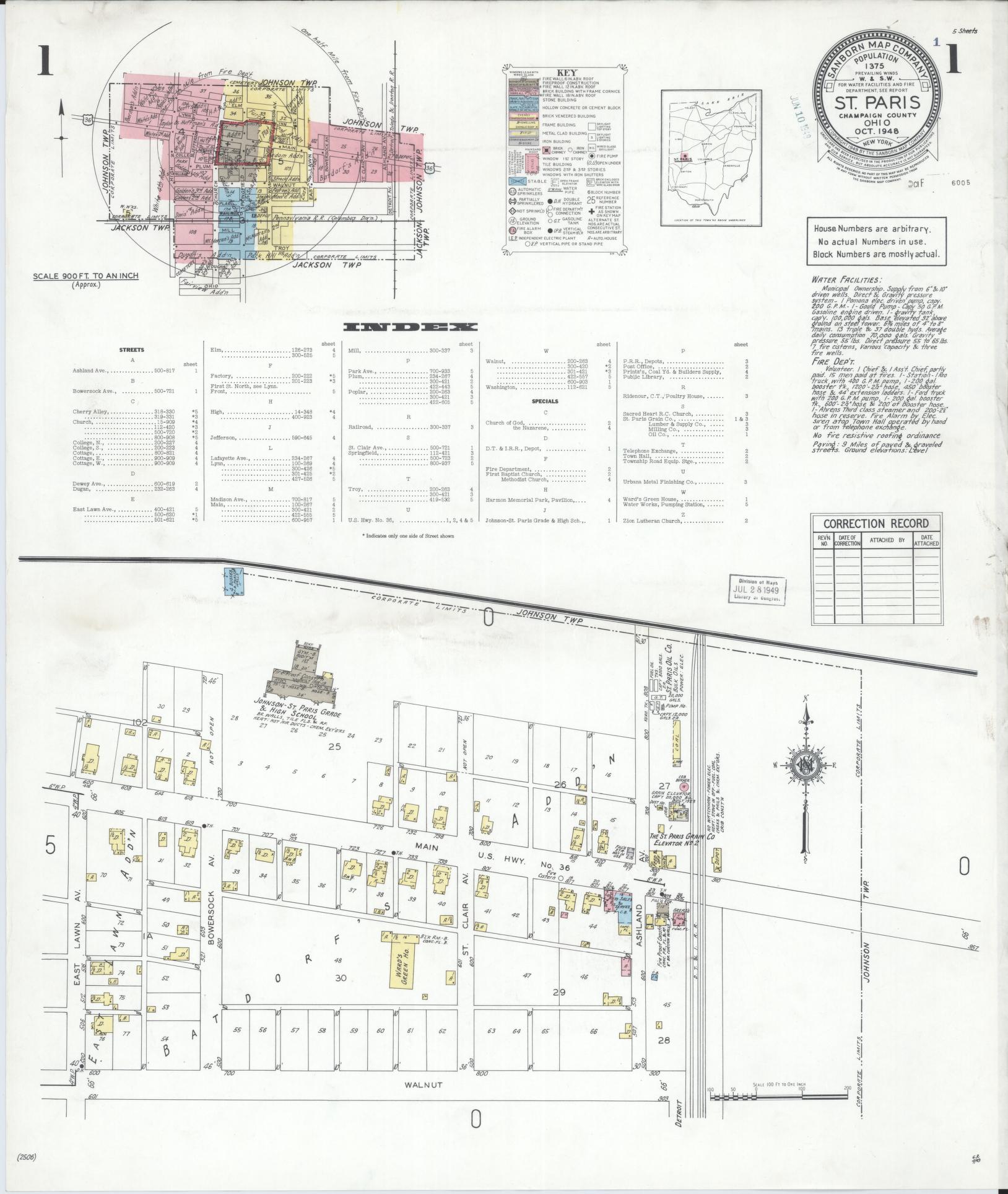 Sanborn Fire Insurance Map from Saint Paris, Champaign County, Ohio (1948), Sheet #0001 - Historic Sanborn Fire Insurance Map Print, vintage old map wall art, antique decor, genealogy gift, Ohio Ohio map