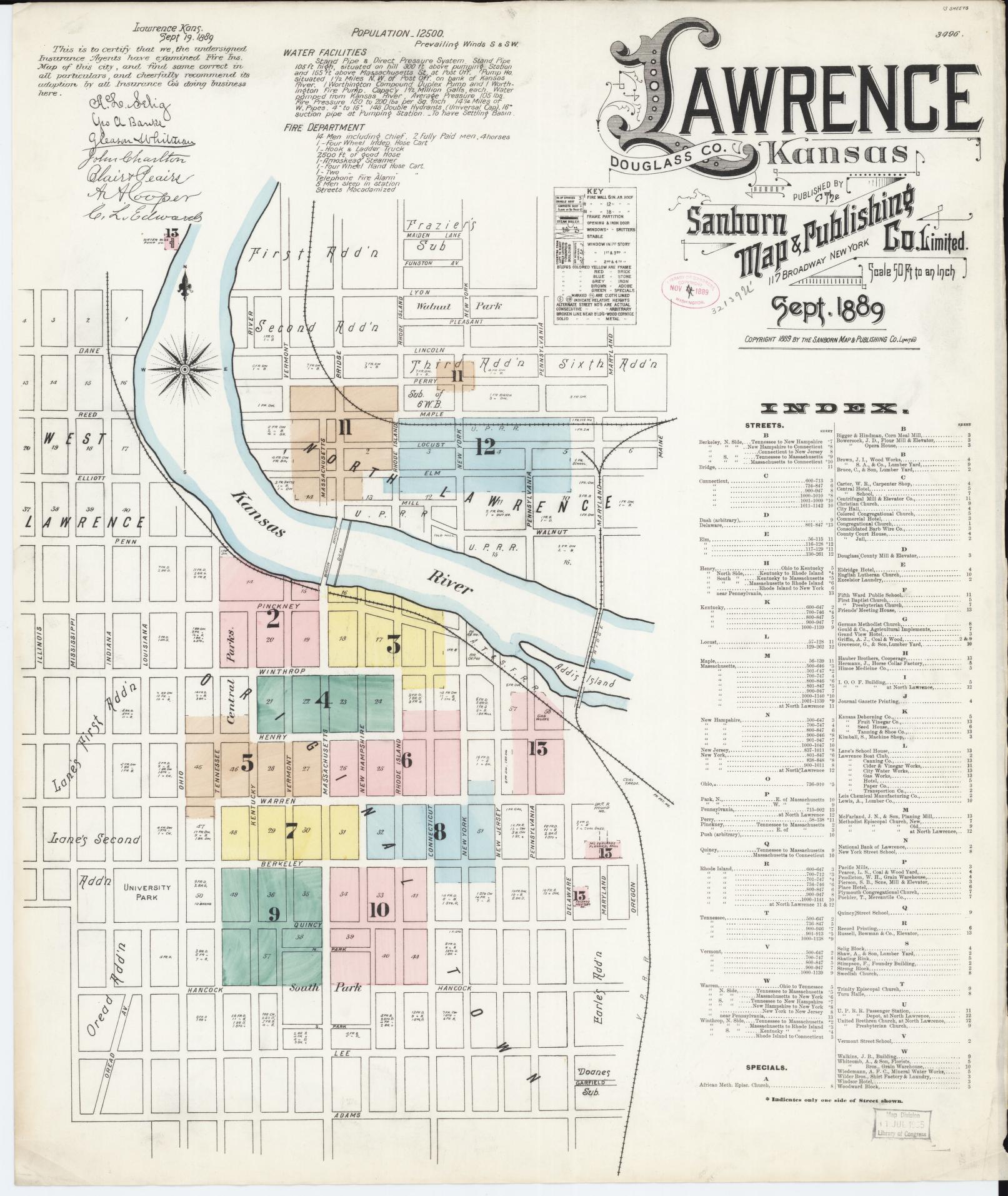 Sanborn Fire Insurance Map from Lawrence, Douglas County, Kansas (1889), Sheet #0001 - Complete Map Set gallery image, historic Sanborn map, vintage wall art, Kansas Kansas