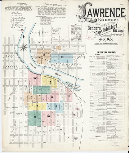 Sanborn Fire Insurance Map from Lawrence, Douglas County, Kansas (1889), Sheet #0001 - Complete Map Set gallery image, historic Sanborn map, vintage wall art, Kansas Kansas