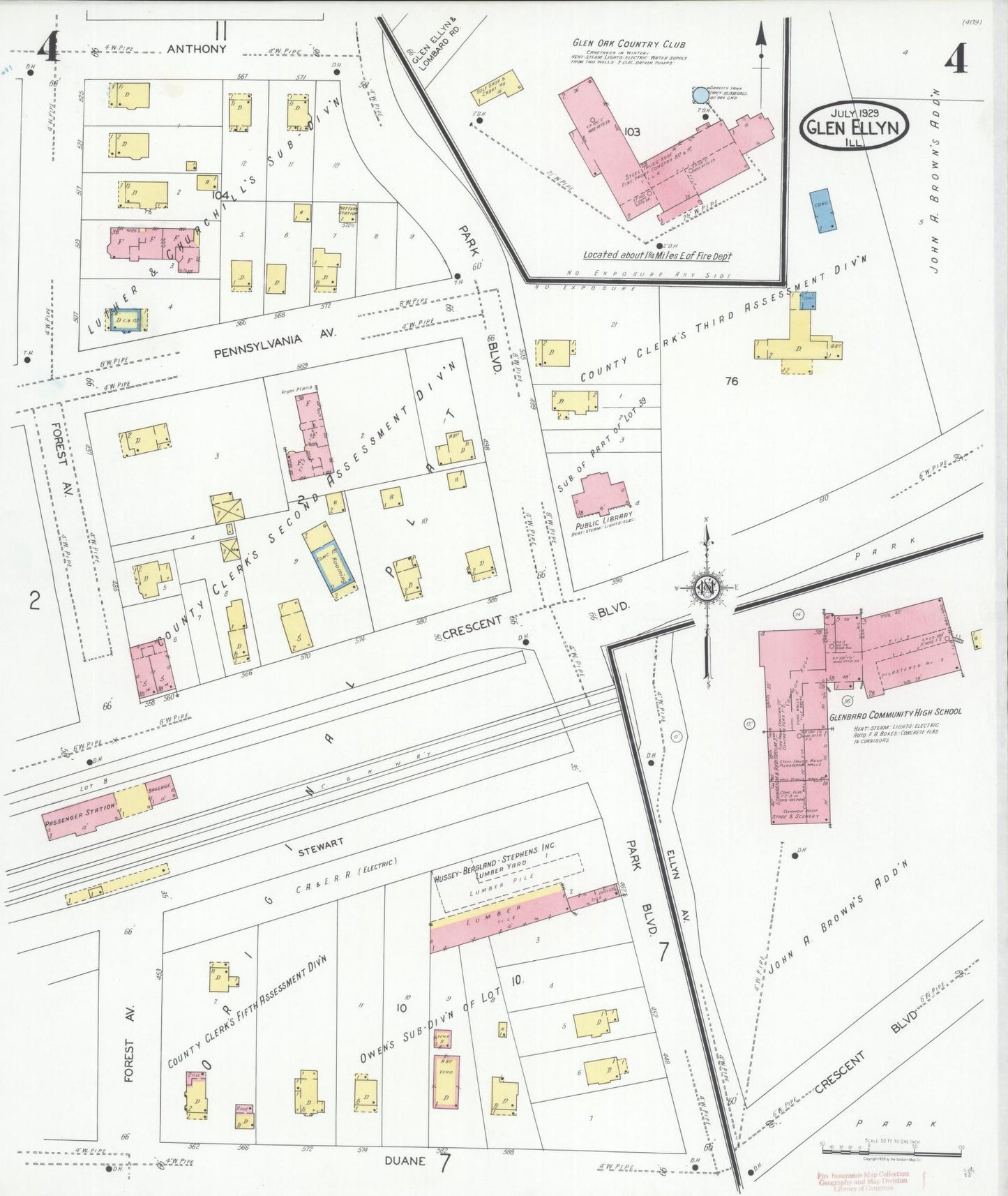 Sanborn Fire Insurance Map from Glen Ellyn, Du Page County, Illinois (1929), Sheet #0004 - Historic Sanborn Fire Insurance Map Print, vintage old map wall art, antique decor, genealogy gift, Illinois Illinois map