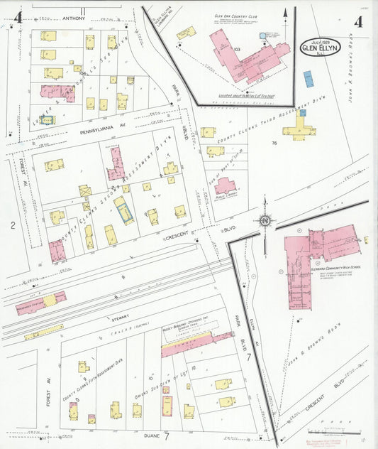 Sanborn Fire Insurance Map from Glen Ellyn, Du Page County, Illinois (1929), Sheet #0004 - Historic Sanborn Fire Insurance Map Print, vintage old map wall art, antique decor, genealogy gift, Illinois Illinois map