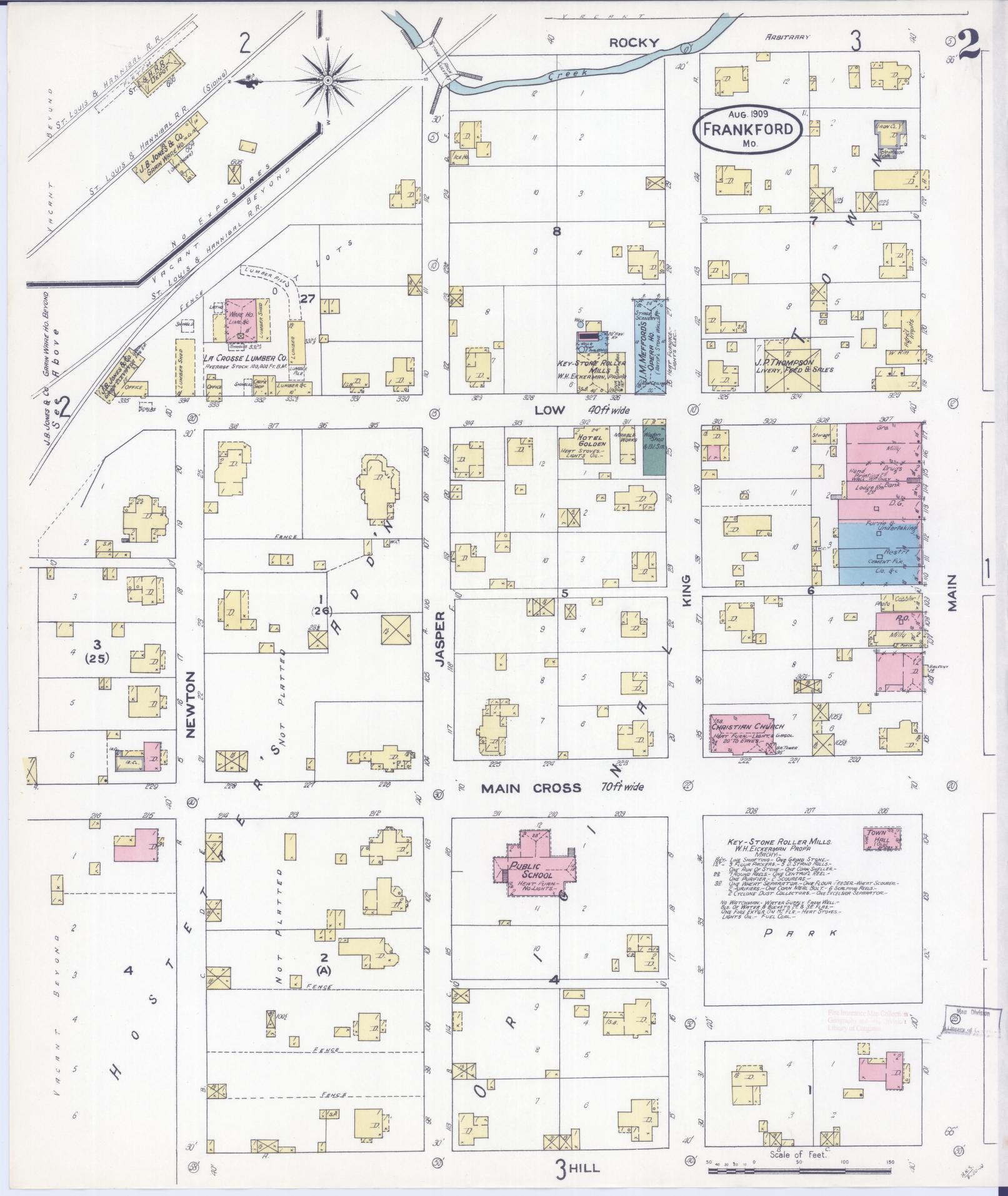 Sanborn Fire Insurance Map from Frankford, Pike County, Missouri (1909), Sheet #0002 - Historic Sanborn Fire Insurance Map Print, vintage old map wall art, antique decor, genealogy gift, Missouri Missouri map