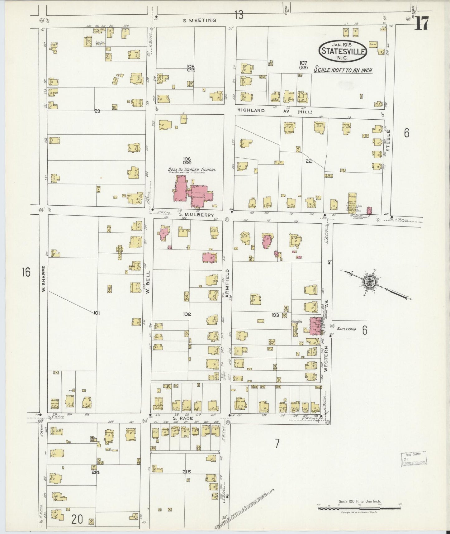 Sanborn Fire Insurance Map from Statesville, Iredell County, North Carolina (1918), Sheet #0017 - Complete Map Set gallery image, historic Sanborn map, vintage wall art, North Carolina North Carolina