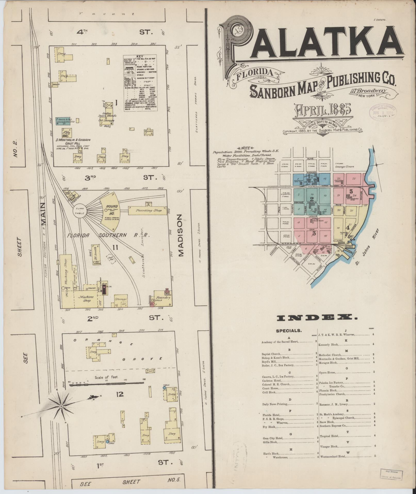 Sanborn Fire Insurance Map from Palatka, Putnam County, Florida (1885), Sheet #0001 - Historic Sanborn Fire Insurance Map Print, vintage old map wall art, antique decor, genealogy gift, Florida Florida map