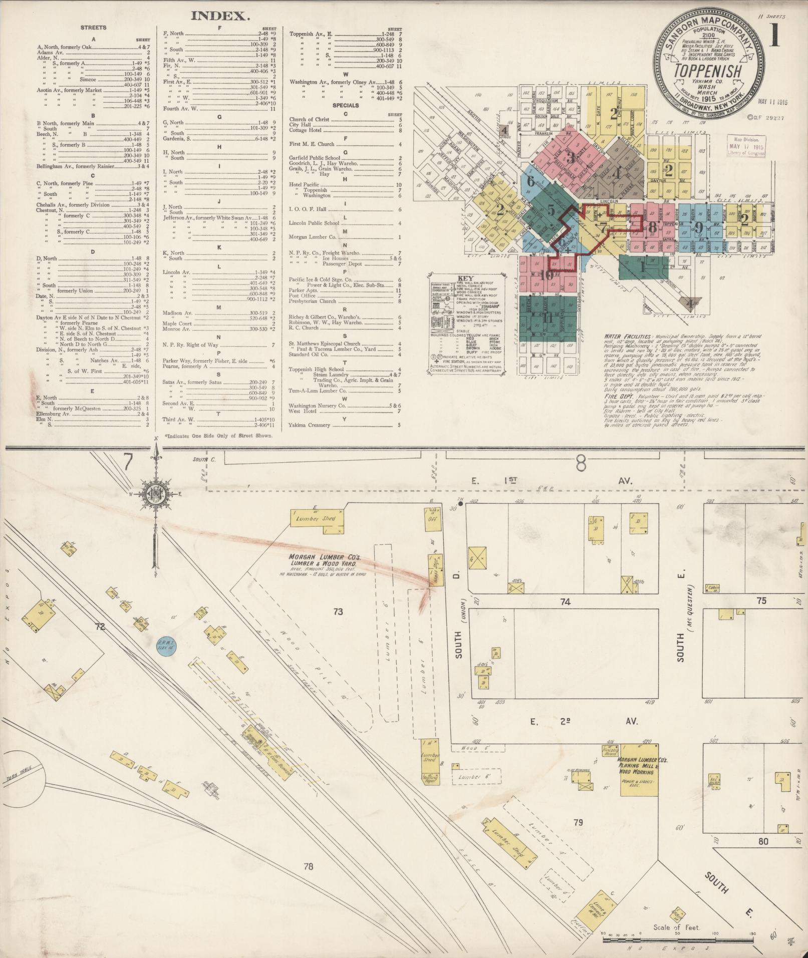 Sanborn Fire Insurance Map from Toppenish, Yakima County, Washington (1915), Sheet #0001 - Complete Map Set gallery image, historic Sanborn map, vintage wall art, Washington Washington