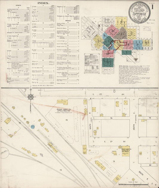 Sanborn Fire Insurance Map from Toppenish, Yakima County, Washington (1915), Sheet #0001 - Complete Map Set gallery image, historic Sanborn map, vintage wall art, Washington Washington