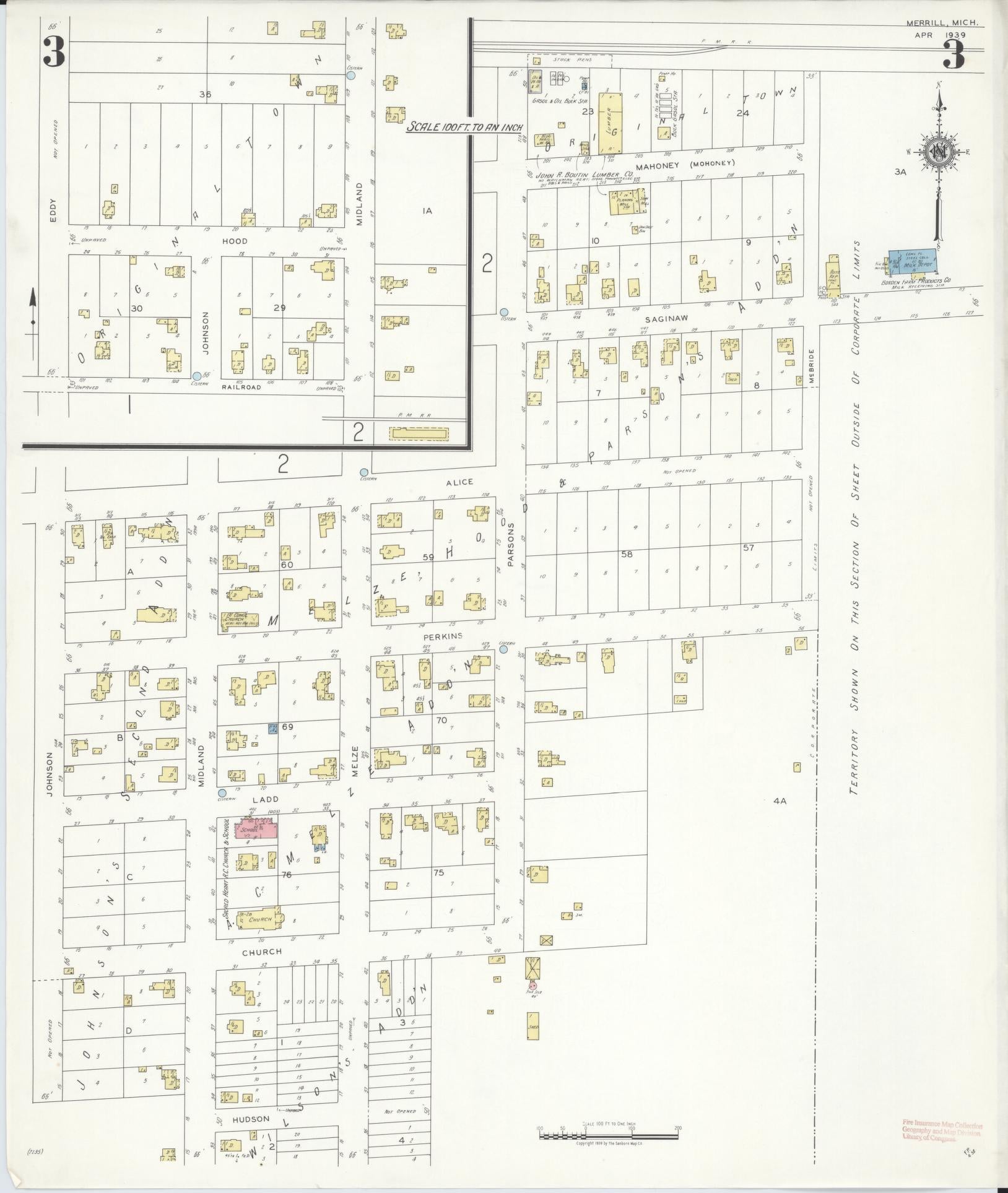 Sanborn Fire Insurance Map from Merrill, Saginaw County, Michigan (1939), Sheet #0003 - Historic Sanborn Fire Insurance Map Print, vintage old map wall art, antique decor, genealogy gift, Michigan Michigan map