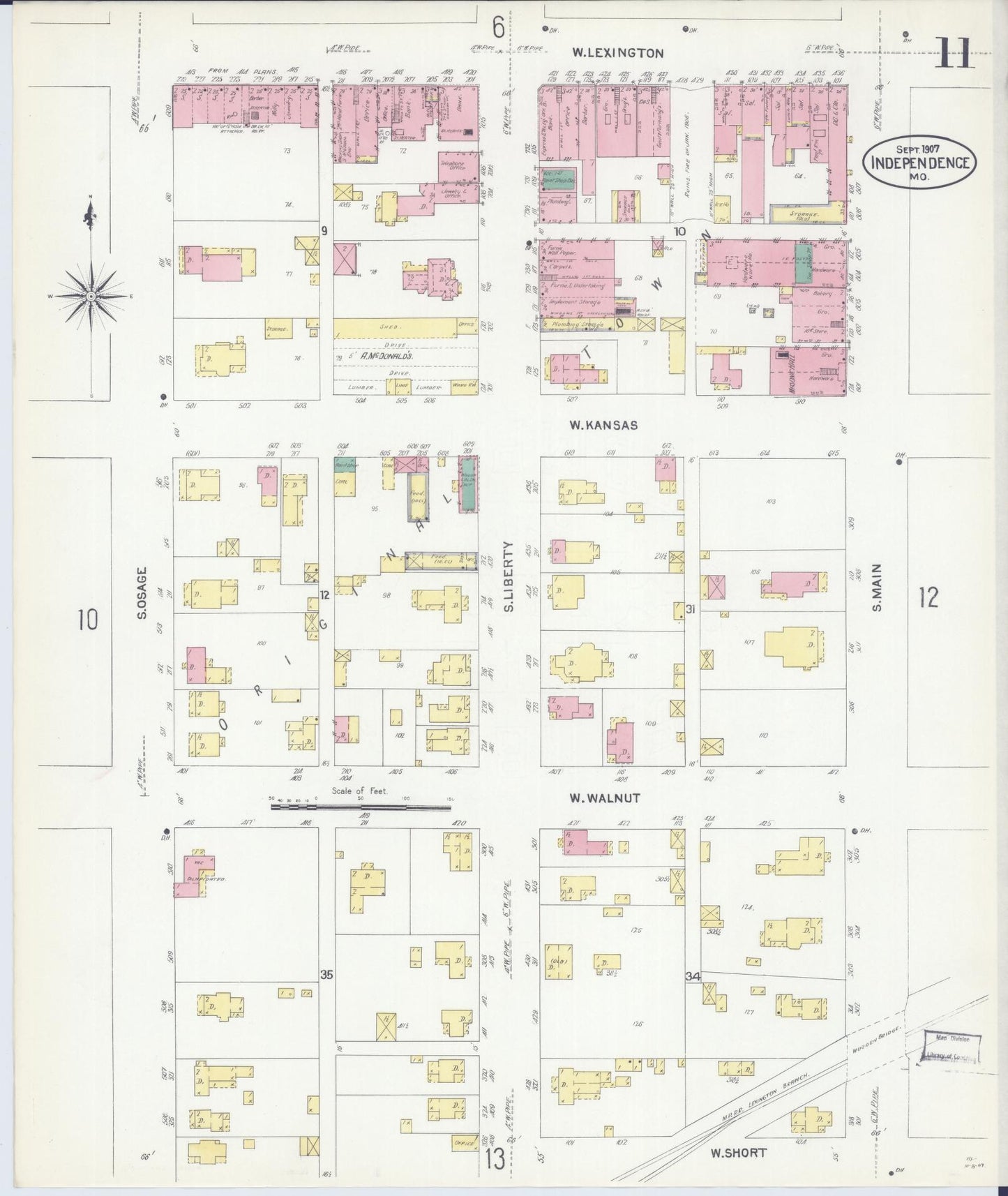 Sanborn Fire Insurance Map from Independence, Jackson County, Missouri (1907), Sheet #0011 - Complete Map Set gallery image, historic Sanborn map, vintage wall art, Missouri Missouri
