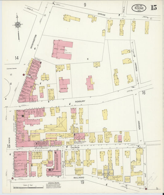 Sanborn Fire Insurance Map from Keene, Cheshire County, New Hampshire (1913), Sheet #0015 - Historic Sanborn Fire Insurance Map Print, vintage old map wall art, antique decor, genealogy gift, New Hampshire New Hampshire map