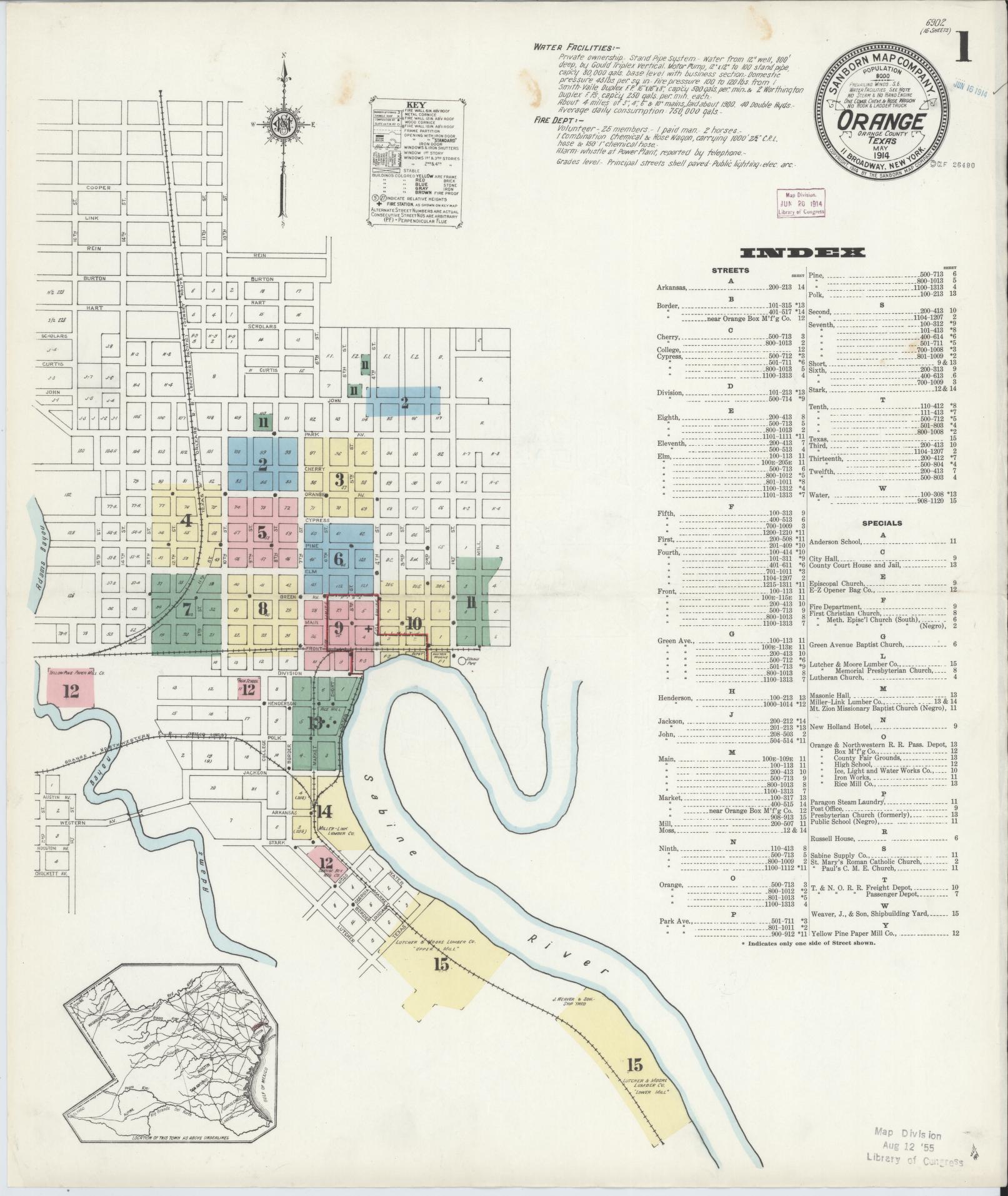 Sanborn Fire Insurance Map from Orange, Orange County, Texas (1914), Sheet #0001 - Historic Sanborn Fire Insurance Map Print, vintage old map wall art, antique decor, genealogy gift, Texas Texas map