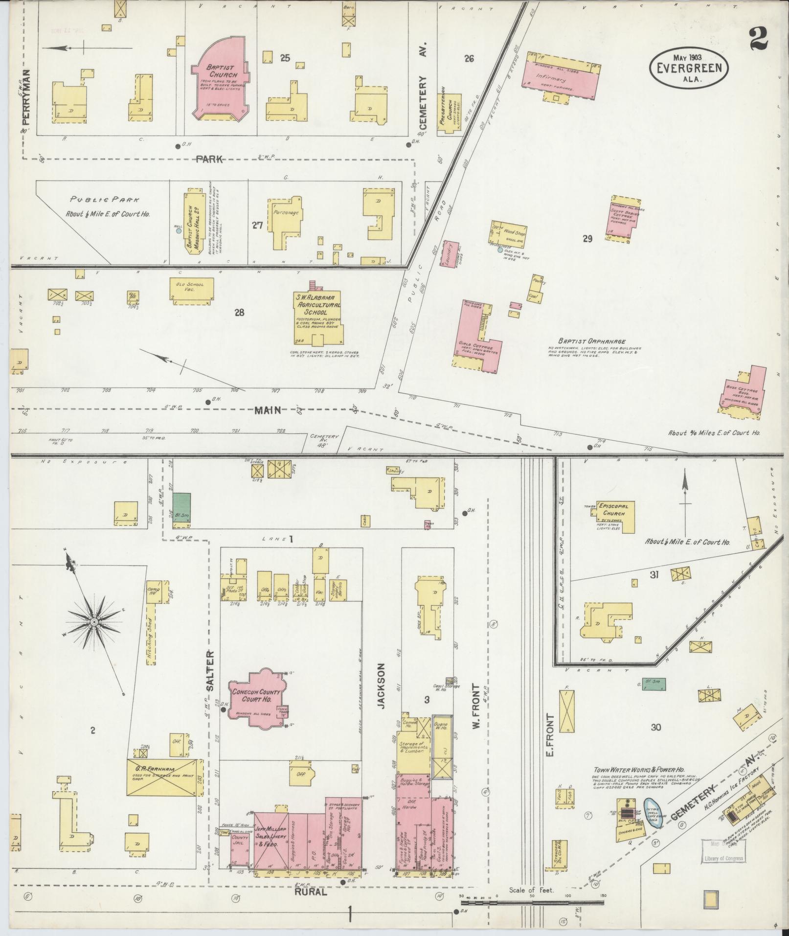 Sanborn Fire Insurance Map from Evergreen, Conecuh County, Alabama (1903), Sheet #0002 - Complete Map Set gallery image, historic Sanborn map, vintage wall art, Alabama Alabama