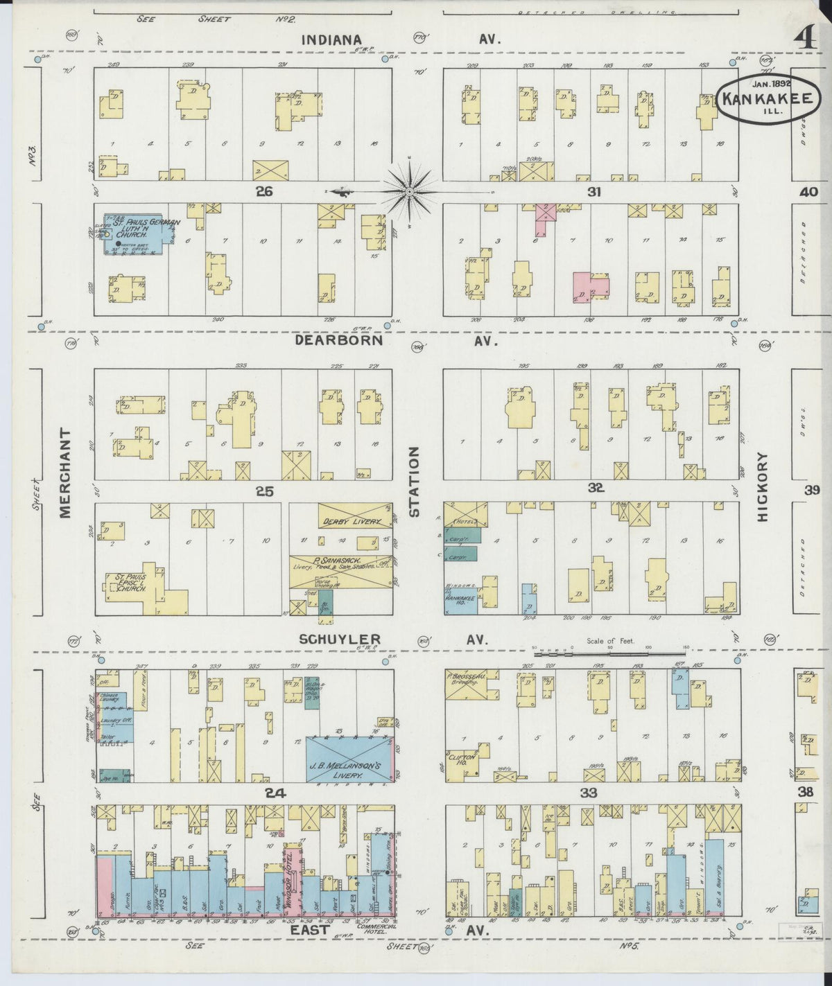 Sanborn Fire Insurance Map from Kankakee, Kankakee County, Illinois (1892), Sheet #0004 - Complete Map Set gallery image, historic Sanborn map, vintage wall art, Illinois Illinois