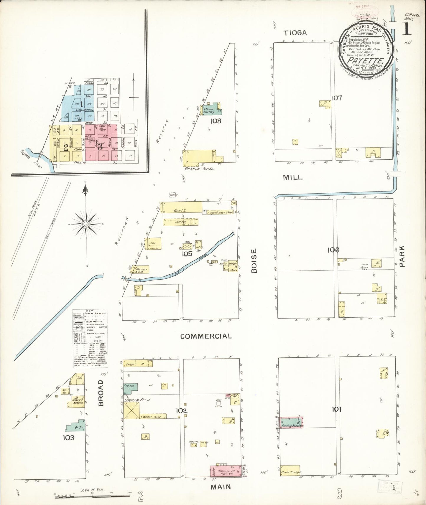Sanborn Fire Insurance Map from Payette, Payette County, Idaho (1893), Sheet #0001 - Complete Map Set gallery image, historic Sanborn map, vintage wall art, Idaho Idaho