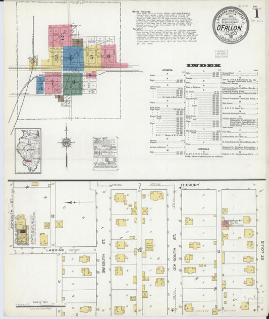 Sanborn Fire Insurance Map from O'Fallon, Saint Clair County, Illinois (1921), Sheet #0001 - Historic Sanborn Fire Insurance Map Print, vintage old map wall art, antique decor, genealogy gift, Illinois Illinois map