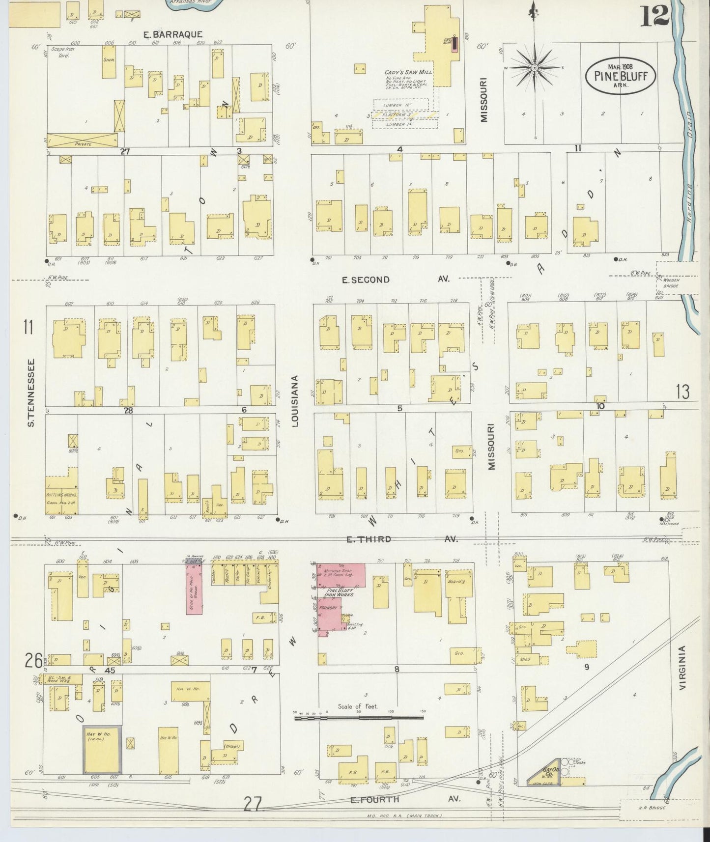 Sanborn Fire Insurance Map from Pine Bluff, Jefferson County, Arkansas (1908), Sheet #0012 - Complete Map Set gallery image, historic Sanborn map, vintage wall art, Arkansas Arkansas