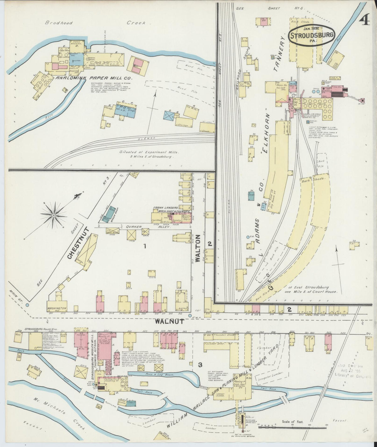 Sanborn Fire Insurance Map from Stroudsburg, Monroe County, Pennsylvania (1892), Sheet #0004 - Historic Sanborn Fire Insurance Map Print, vintage old map wall art, antique decor, genealogy gift, Pennsylvania Pennsylvania map