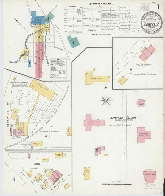 Sanborn Fire Insurance Map from Maryville, Blount County, Tennessee (1905), Sheet #0001 - Historic Sanborn Fire Insurance Map Print, vintage old map wall art, antique decor, genealogy gift, Tennessee Tennessee map