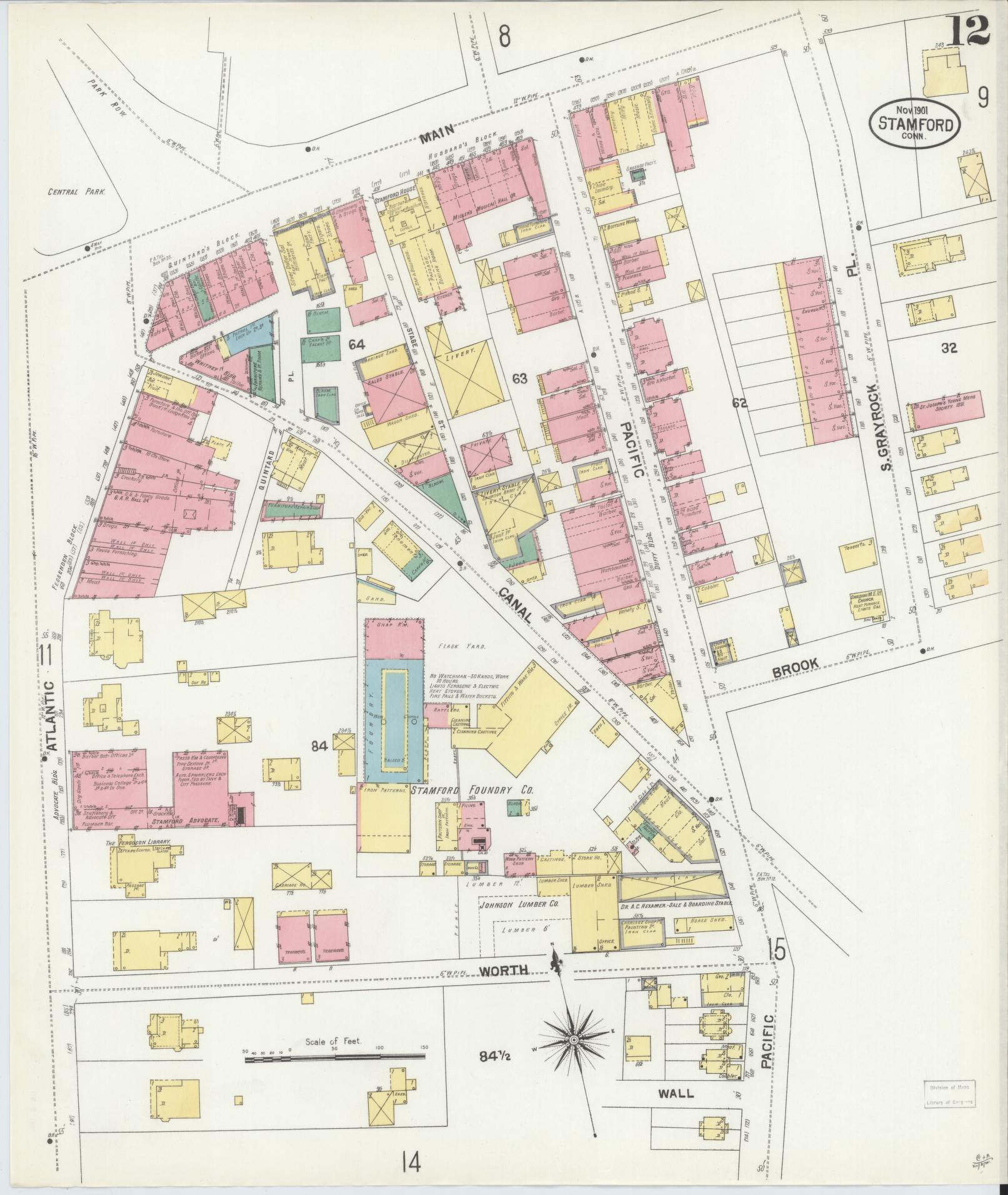 Sanborn Fire Insurance Map from Stamford, Fairfield County, Connecticut (1901), Sheet #0012 - Historic Sanborn Fire Insurance Map Print, vintage old map wall art, antique decor, genealogy gift, Connecticut Connecticut map