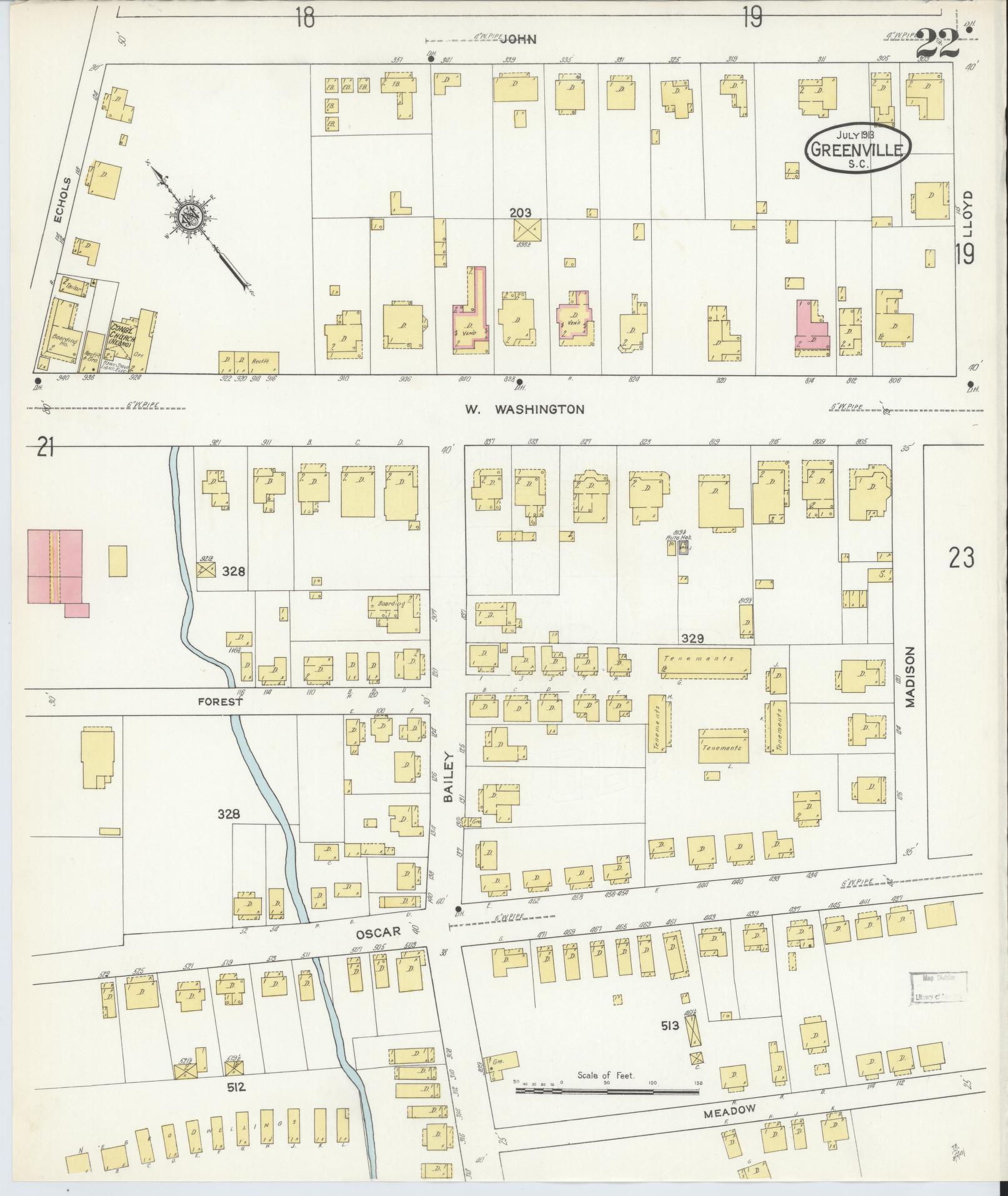 Sanborn Fire Insurance Map from Greenville, Greenville County, South Carolina (1913), Sheet #0022 - Complete Map Set gallery image, historic Sanborn map, vintage wall art, South Carolina South Carolina