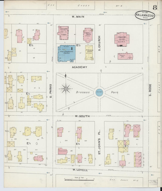 Sanborn Fire Insurance Map from Kalamazoo, Kalamazoo County, Michigan (1891), Sheet #0008 - Historic Sanborn Fire Insurance Map Print, vintage old map wall art, antique decor, genealogy gift, Michigan Michigan map