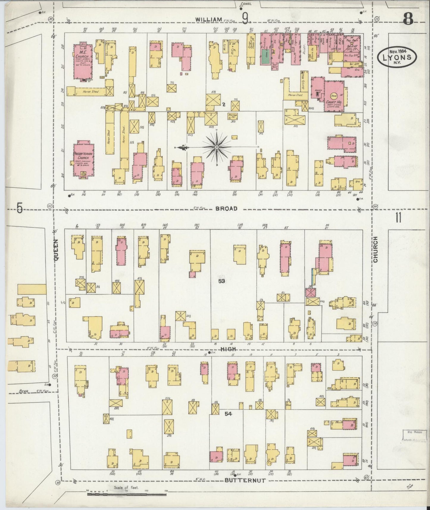 Sanborn Fire Insurance Map from Lyons, Wayne County, New York (1904), Sheet #0008 - Historic Sanborn Fire Insurance Map Print, vintage old map wall art, antique decor, genealogy gift, New York New York map