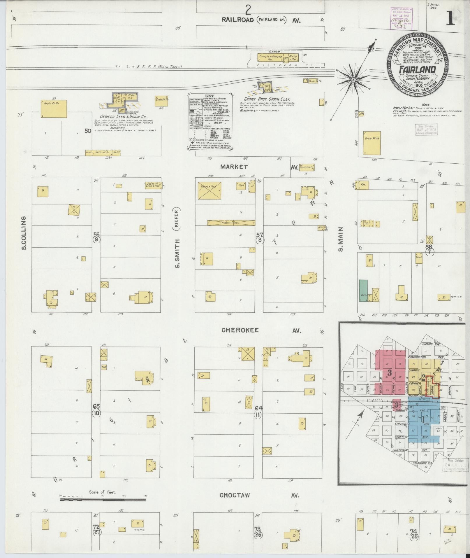 Sanborn Fire Insurance Map from Fairland, Ottawa County, Oklahoma (1905), Sheet #0001 - Complete Map Set gallery image, historic Sanborn map, vintage wall art, Oklahoma Oklahoma