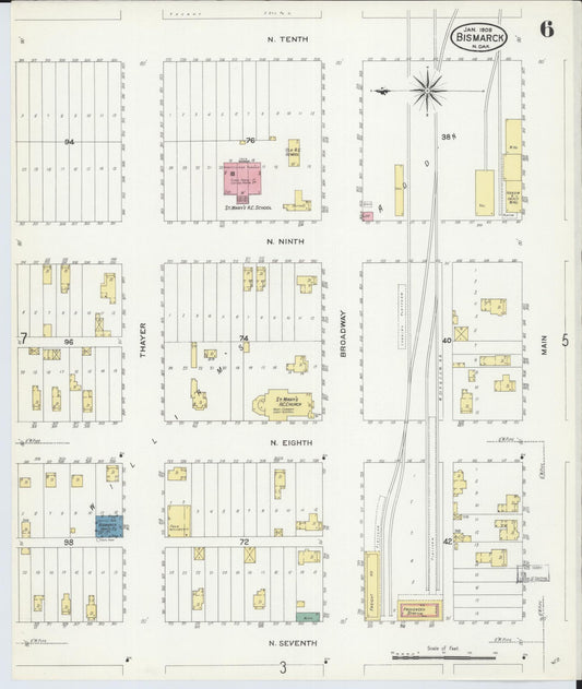 Sanborn Fire Insurance Map from Bismarck, Burleigh County, North Dakota (1906), Sheet #0006 - Historic Sanborn Fire Insurance Map Print, vintage old map wall art, antique decor, genealogy gift, North Dakota North Dakota map
