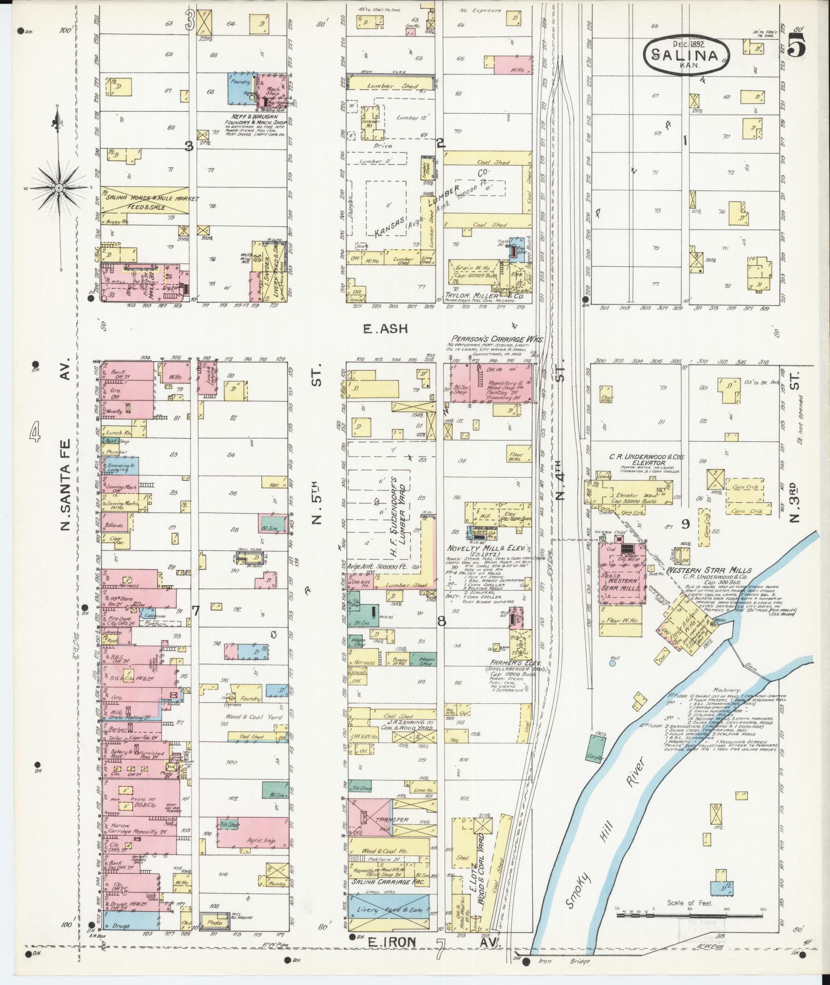 Sanborn Fire Insurance Map from Salina, Saline County, Kansas (1892), Sheet #0005 - Historic Sanborn Fire Insurance Map Print, vintage old map wall art, antique decor, genealogy gift, Kansas Kansas map