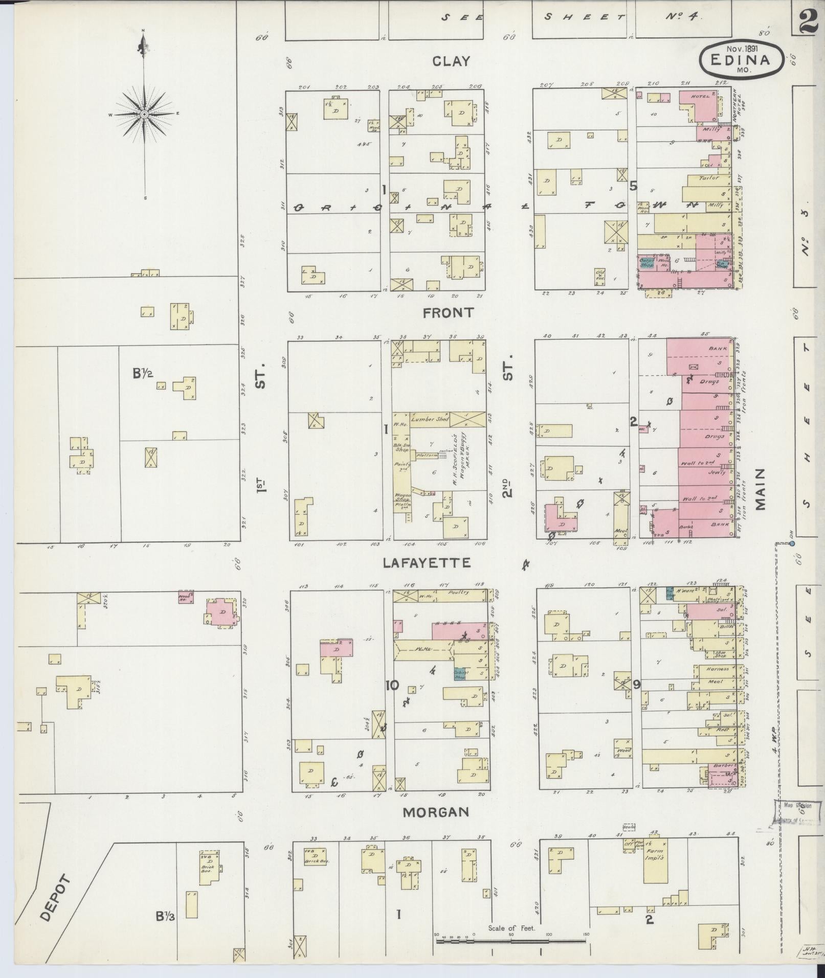 Sanborn Fire Insurance Map from Edina, Knox County, Missouri (1891), Sheet #0002 - Complete Map Set gallery image, historic Sanborn map, vintage wall art, Missouri Missouri