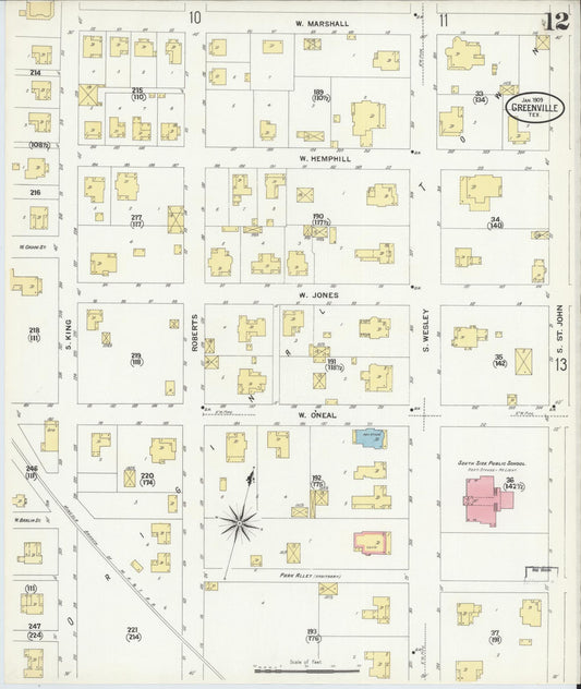Sanborn Fire Insurance Map from Greenville, Hunt County, Texas (1909), Sheet #0012 - Historic Sanborn Fire Insurance Map Print, vintage old map wall art, antique decor, genealogy gift, Texas Texas map