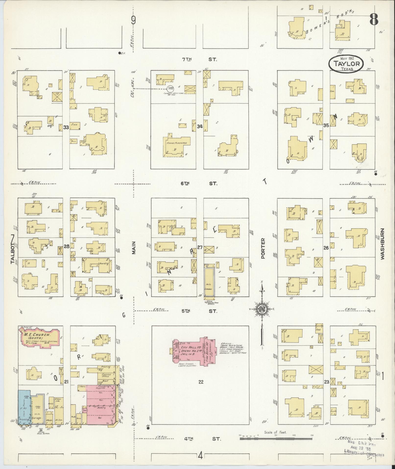 Sanborn Fire Insurance Map from Taylor, Williamson County, Texas (1912), Sheet #0008 - Complete Map Set gallery image, historic Sanborn map, vintage wall art, Texas Texas