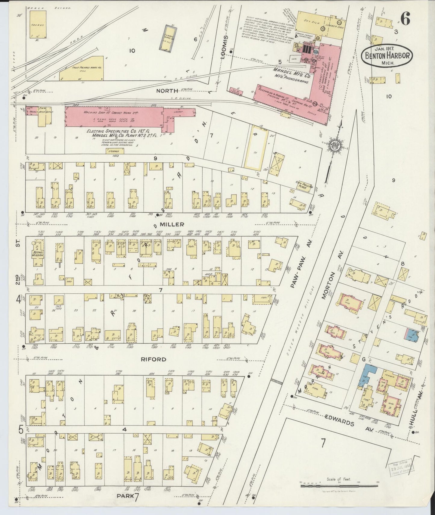Sanborn Fire Insurance Map from Benton Harbor, Berrien County, Michigan (1917), Sheet #0006 - Historic Sanborn Fire Insurance Map Print, vintage old map wall art, antique decor, genealogy gift, Michigan Michigan map