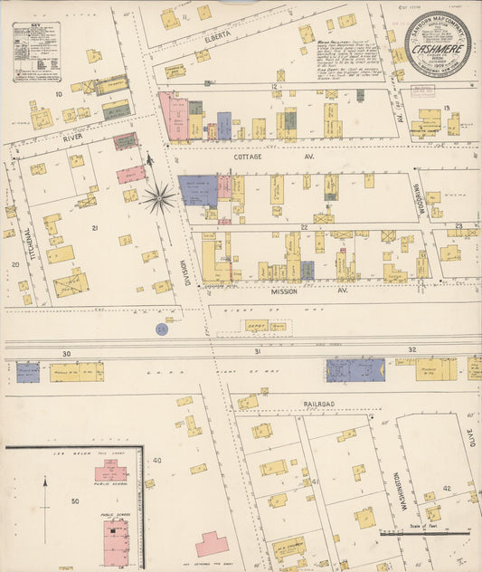 Sanborn Fire Insurance Map from Cashmere, Chelan County, Washington (1909), Sheet #0001 - Historic Sanborn Fire Insurance Map Print, vintage old map wall art, antique decor, genealogy gift, Washington Washington map