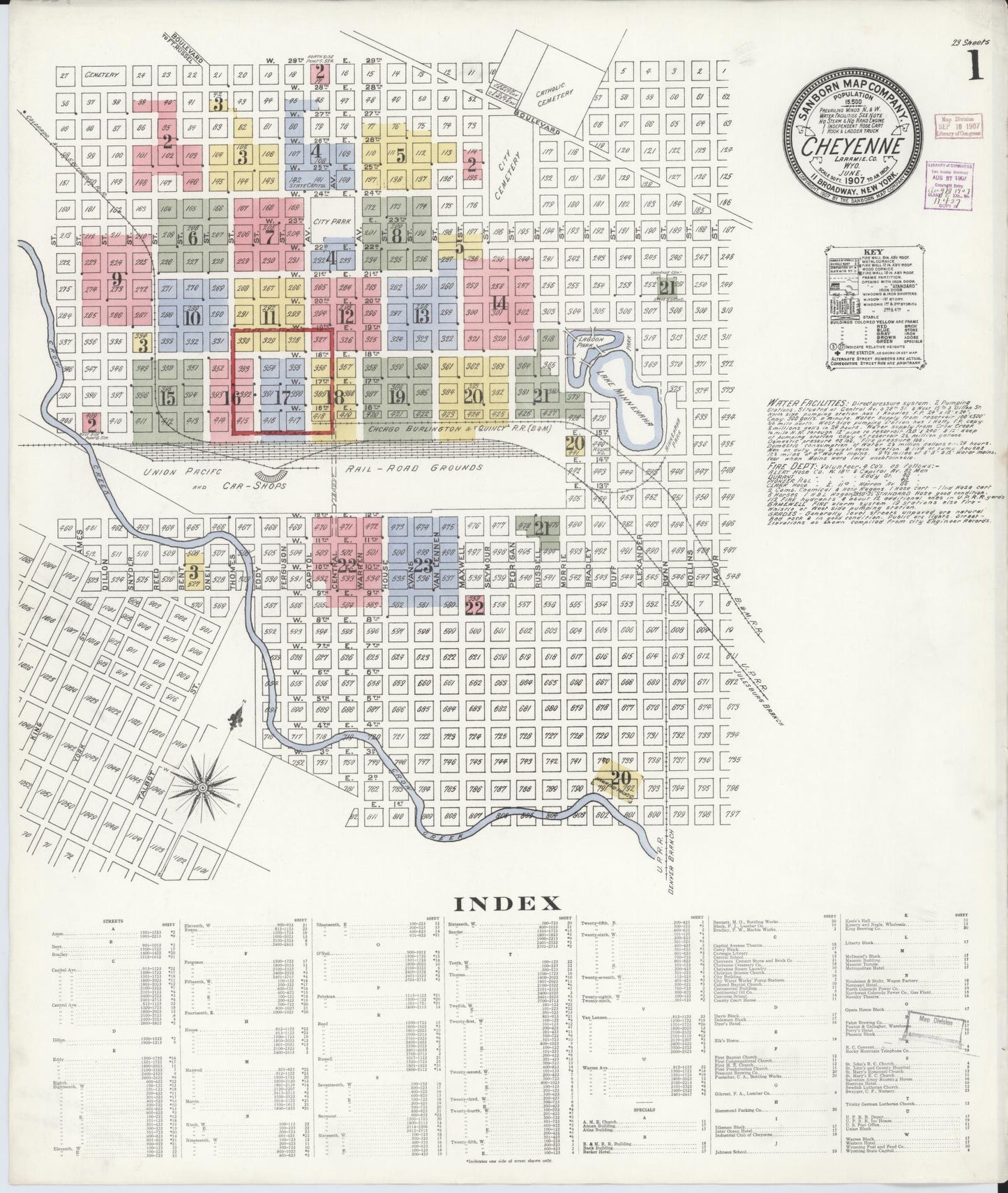 Sanborn Fire Insurance Map from Cheyenne, Laramie County, Wyoming (1907), Sheet #0001 - Complete Map Set gallery image, historic Sanborn map, vintage wall art, Wyoming Wyoming