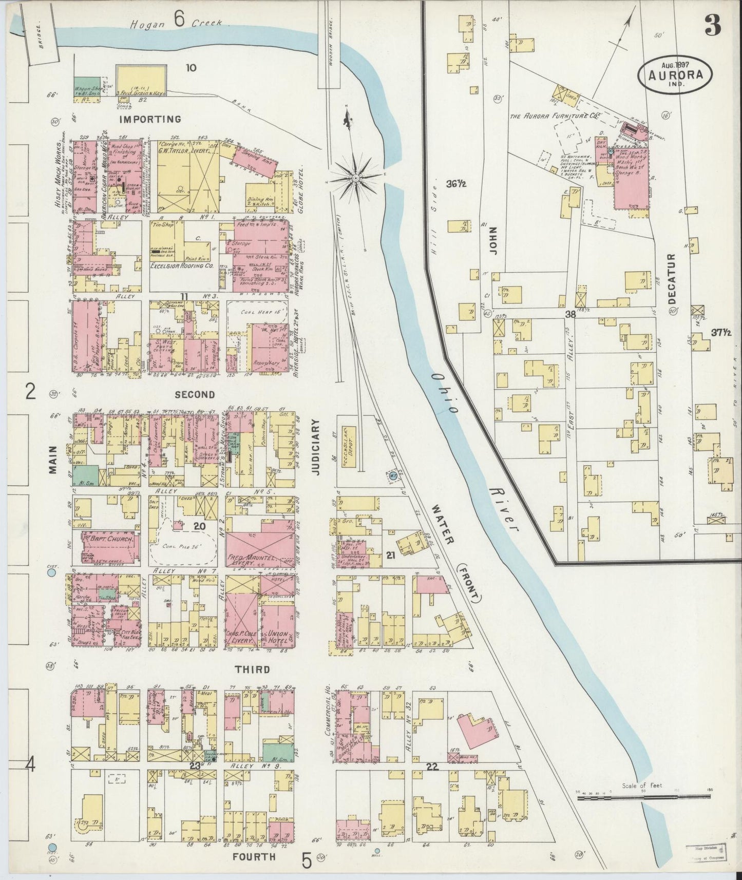 Sanborn Fire Insurance Map from Aurora, Dearborn County, Indiana (1897), Sheet #0003 - Historic Sanborn Fire Insurance Map Print, vintage old map wall art, antique decor, genealogy gift, Indiana Indiana map