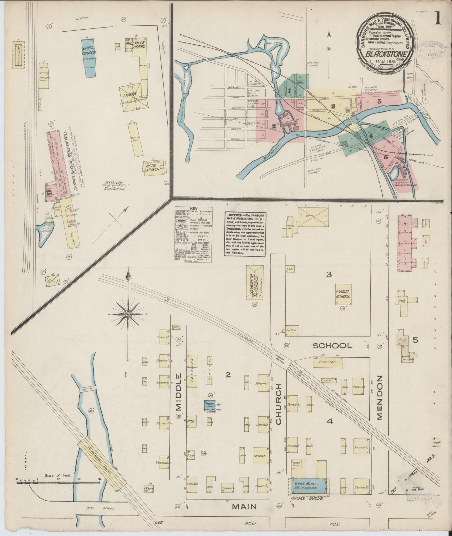 Sanborn Fire Insurance Map from Blackstone, Worcester County, Massachusetts. (1885) – Historic Sanborn Fire Insurance Map Print