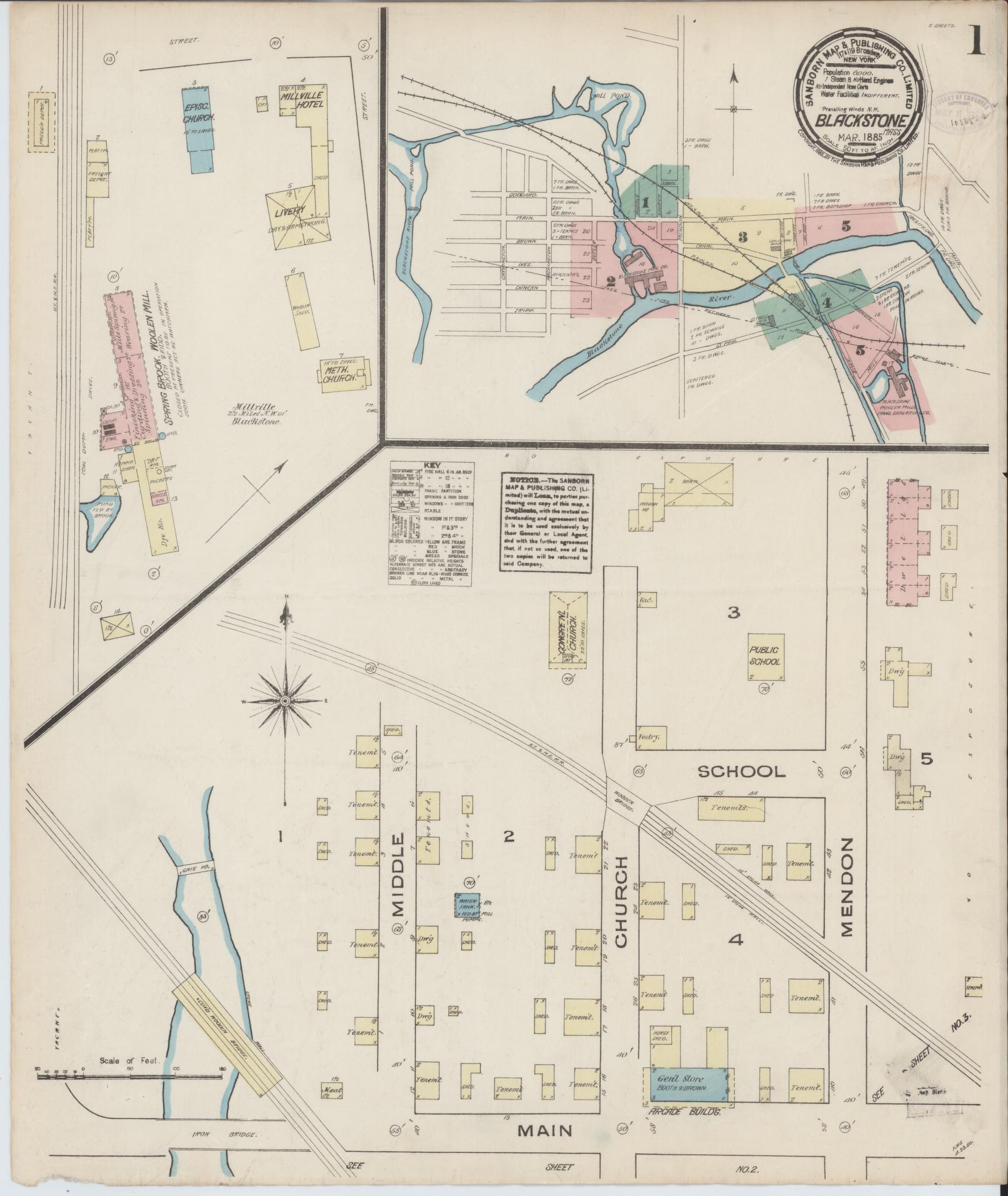 Sanborn Fire Insurance Map from Blackstone, Worcester County, Massachusetts. (1885) – Historic Sanborn Fire Insurance Map Print