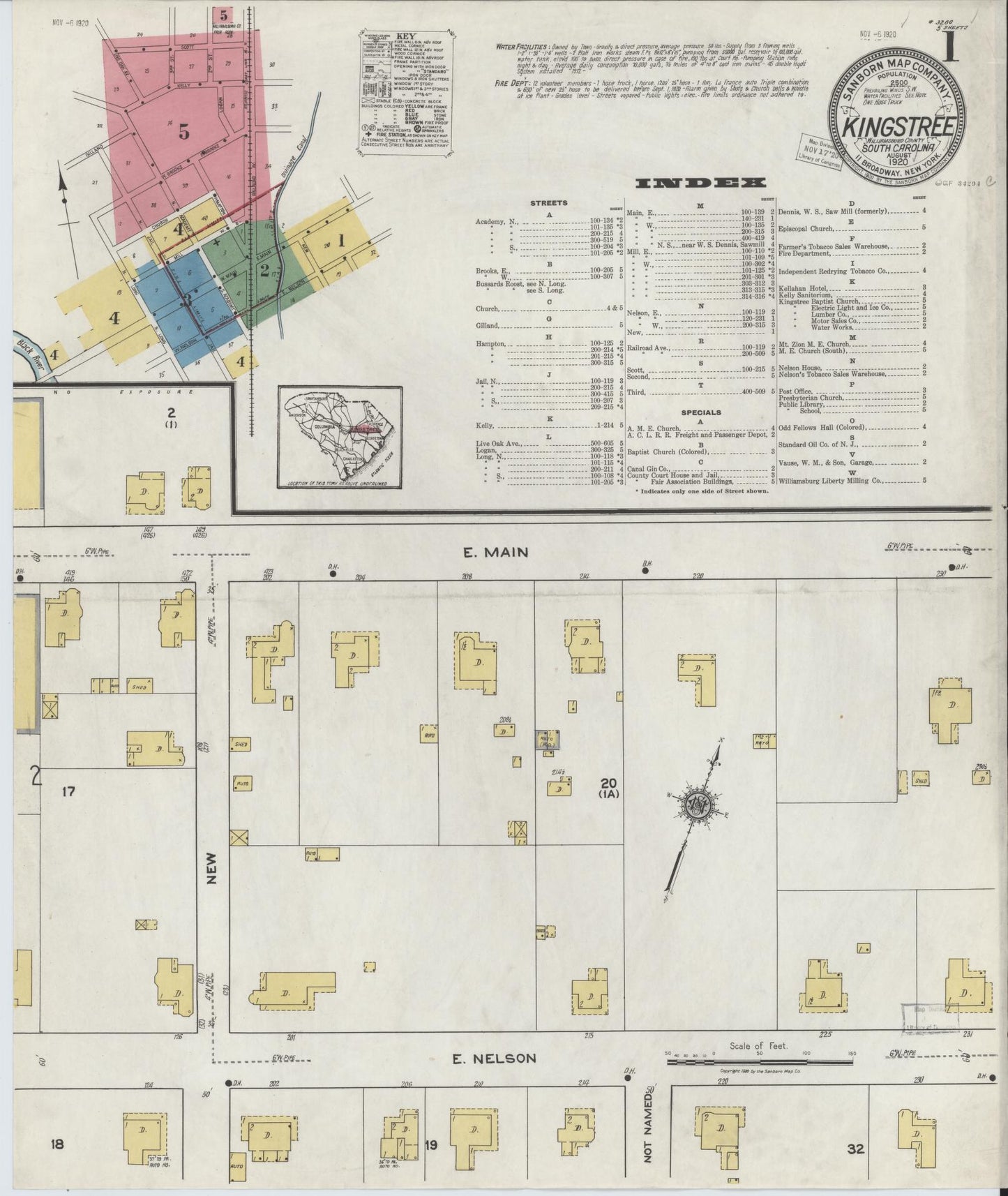 Sanborn Fire Insurance Map from Kingstree, Williamsburg County, South Carolina (1920), Sheet #0001 - Historic Sanborn Fire Insurance Map Print, vintage old map wall art, antique decor, genealogy gift, South Carolina South Carolina map