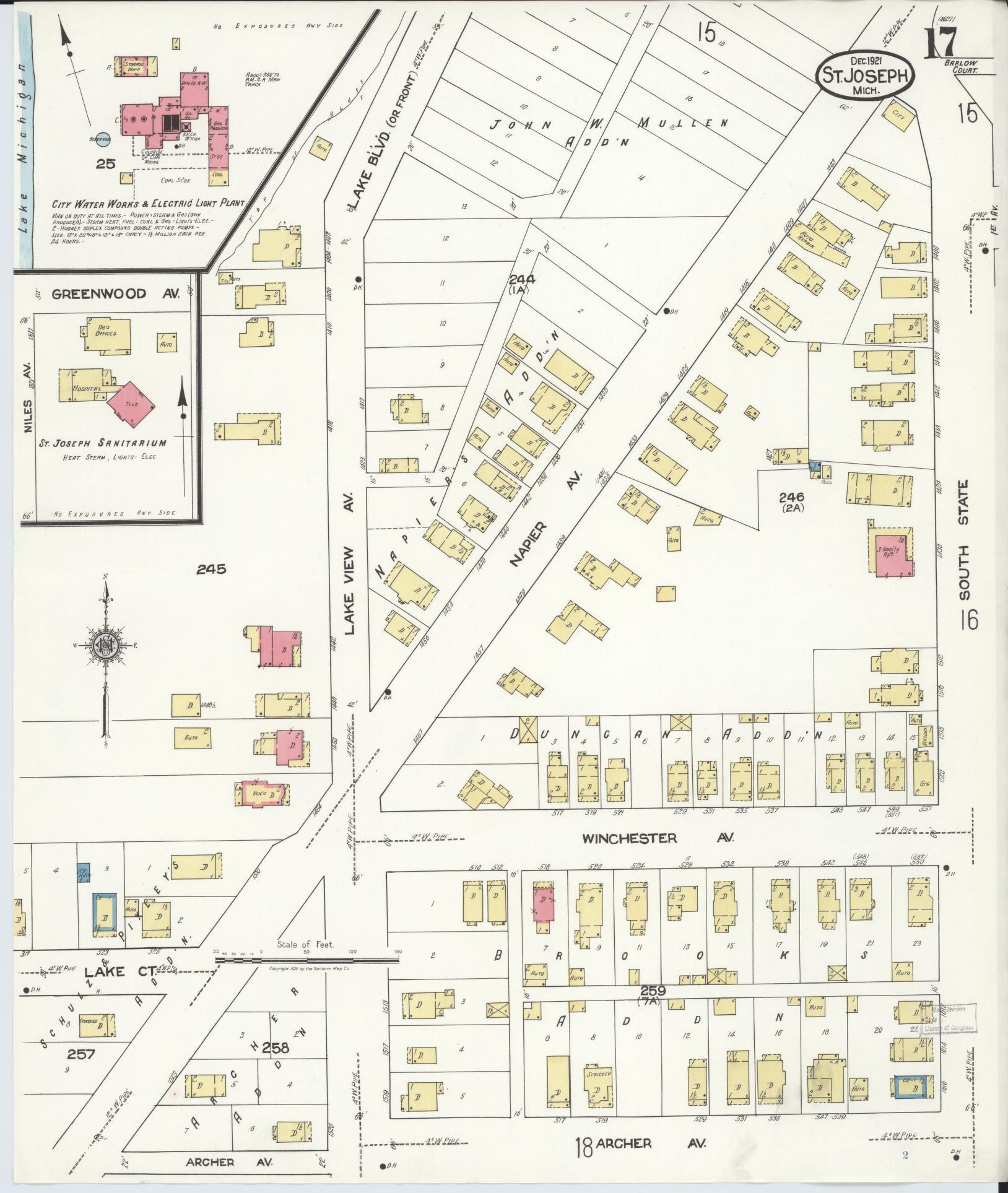 Sanborn Fire Insurance Map from Saint Joseph, Berrien County, Michigan (1921), Sheet #0017 - Complete Map Set gallery image, historic Sanborn map, vintage wall art, Michigan Michigan