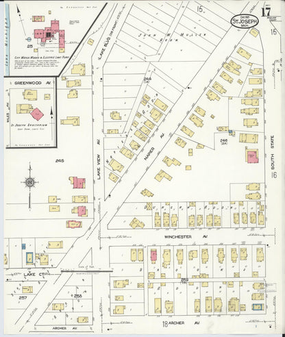 Sanborn Fire Insurance Map from Saint Joseph, Berrien County, Michigan (1921), Sheet #0017 - Complete Map Set gallery image, historic Sanborn map, vintage wall art, Michigan Michigan