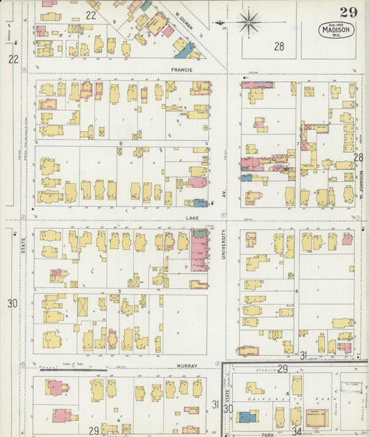 Sanborn Fire Insurance Map from Madison, Dane County, Wisconsin (1902), Sheet #0029 - Historic Sanborn Fire Insurance Map Print, vintage old map wall art, antique decor, genealogy gift, Wisconsin Wisconsin map