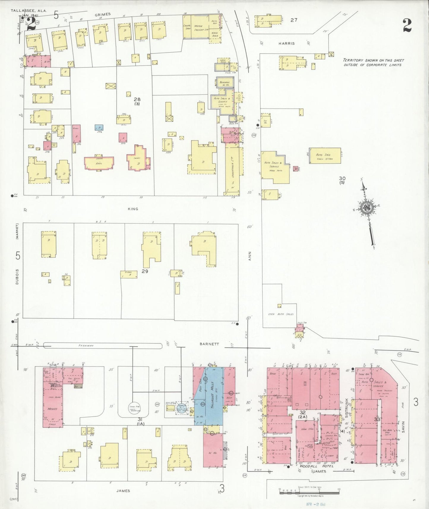 Sanborn Fire Insurance Map from Tallassee, Elmore And Tallapoosa Counties, Alabama (1941), Sheet #0002 - Historic Sanborn Fire Insurance Map Print, vintage old map wall art, antique decor, genealogy gift, Alabama Alabama map