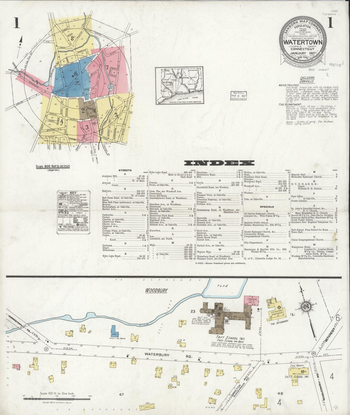 Sanborn Fire Insurance Map from Watertown, Litchfield County, Connecticut (1927), Sheet #0001 - Historic Sanborn Fire Insurance Map Print, vintage old map wall art, antique decor, genealogy gift, Connecticut Connecticut map