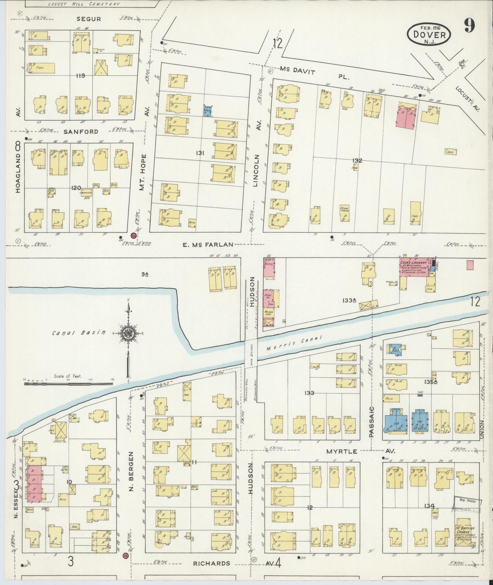 Sanborn Fire Insurance Map from Dover, Morris County, New Jersey (1916), Sheet #0009 - Historic Sanborn Fire Insurance Map Print, vintage old map wall art, antique decor, genealogy gift, New Jersey New Jersey map