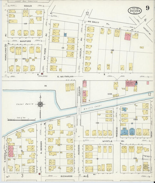 Sanborn Fire Insurance Map from Dover, Morris County, New Jersey (1916), Sheet #0009 - Historic Sanborn Fire Insurance Map Print, vintage old map wall art, antique decor, genealogy gift, New Jersey New Jersey map
