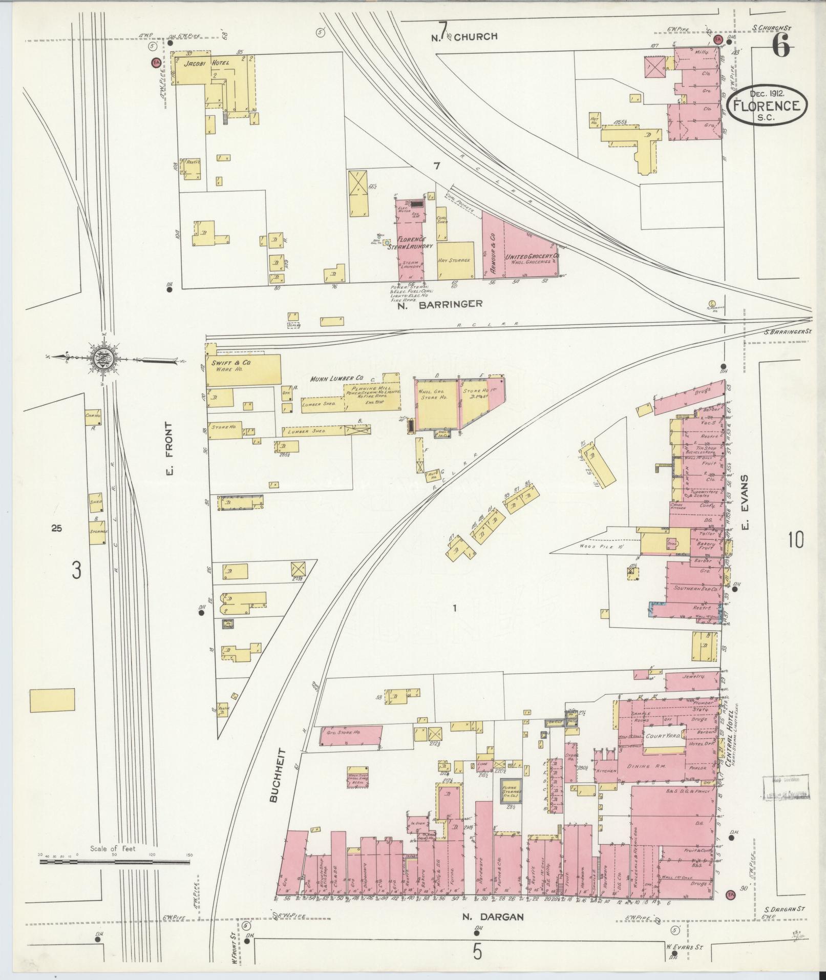 Sanborn Fire Insurance Map from Florence, Florence County, South Carolina (1912), Sheet #0006 - Historic Sanborn Fire Insurance Map Print, vintage old map wall art, antique decor, genealogy gift, South Carolina South Carolina map