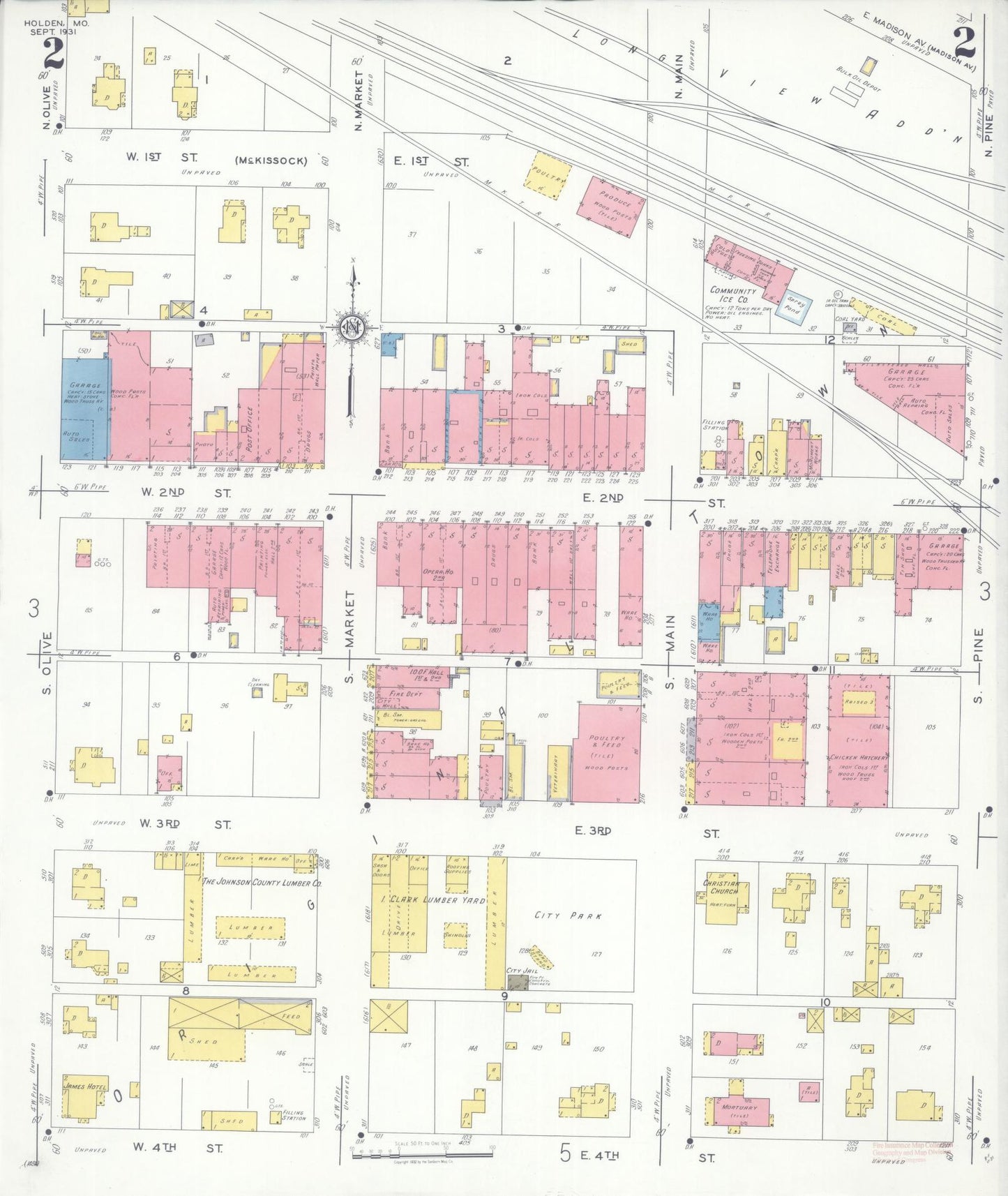 Sanborn Fire Insurance Map from Holden, Johnson County, Missouri (1931), Sheet #0002 - Complete Map Set gallery image, historic Sanborn map, vintage wall art, Missouri Missouri