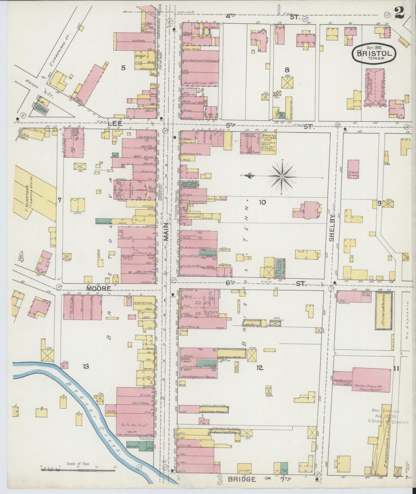 Sanborn Fire Insurance Map from Bristol, Sullivan County, Tennessee (1892), Sheet #0002 - Historic Sanborn Fire Insurance Map Print, vintage old map wall art, antique decor, genealogy gift, Tennessee Tennessee map